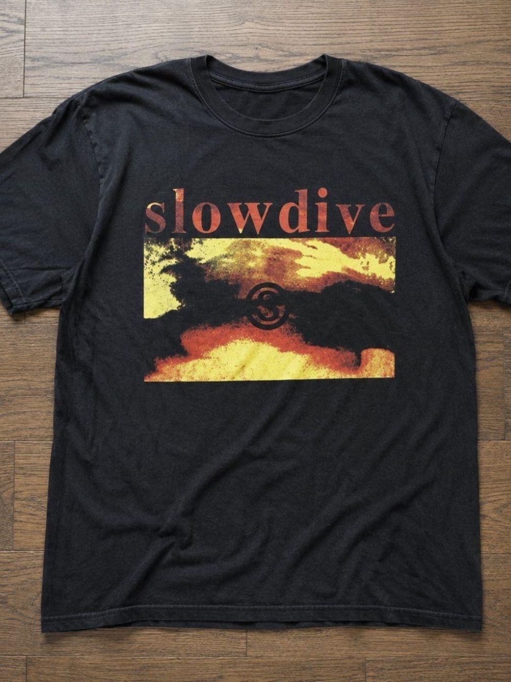 Gildan Black Slowdive Graphic Tee with Red and Yellow Print